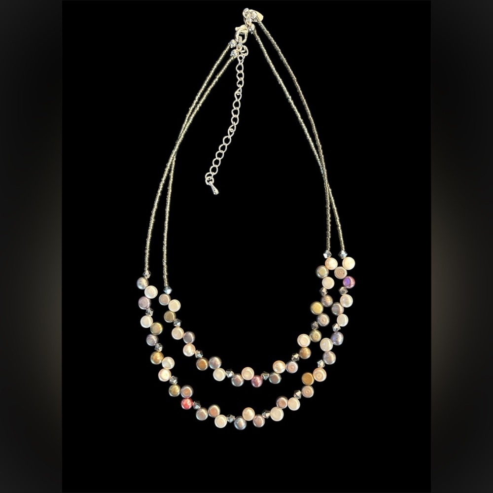 Lia Sophia Two Strand Seed Bead Natural Pearl Black Crystal Necklace